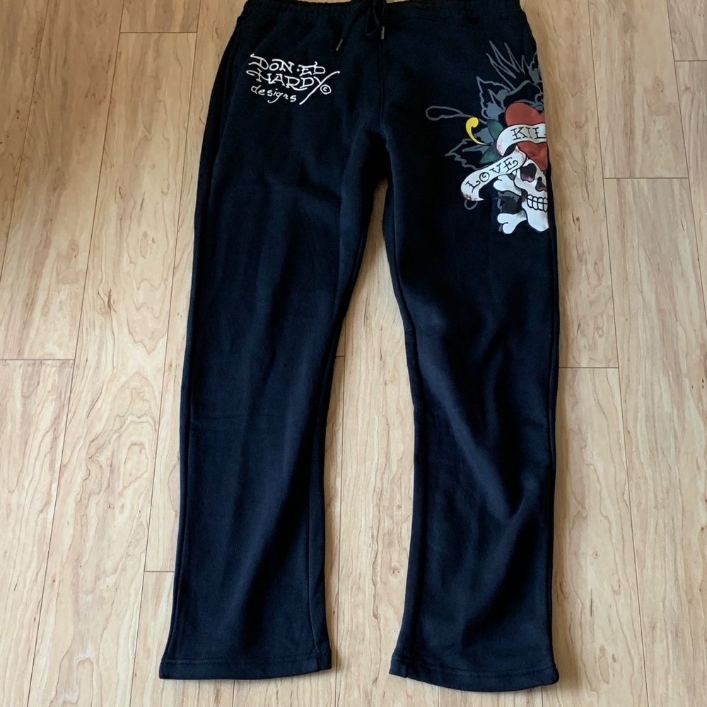 Ed Hardy Black Pants with Skull and Heart Design